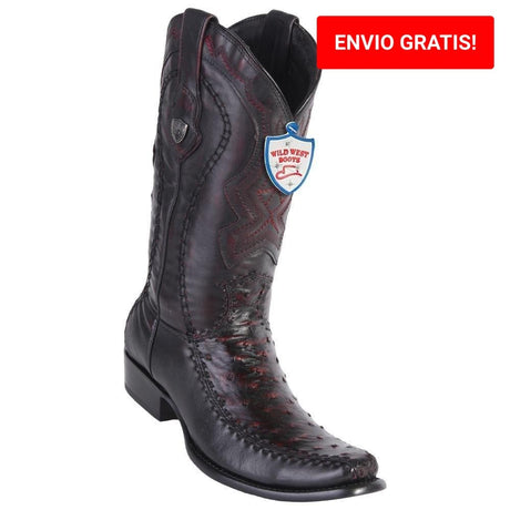 Western Genuine Ostrich and Deer Leather Square Dubai Toe Boots Black Cherry  Color - Wild West Boots - Side View 