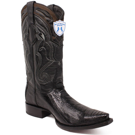 Western Genuine Ostrich Leg Snip Toe Boots Black Color - Wild West Boots - Side View 