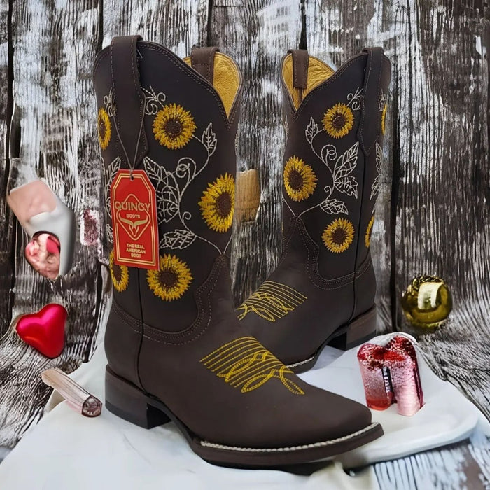 Botas Altas de Cuero con Girasoles para Mujer en Horma Rodeo Q322G6294 - Quincy Boots