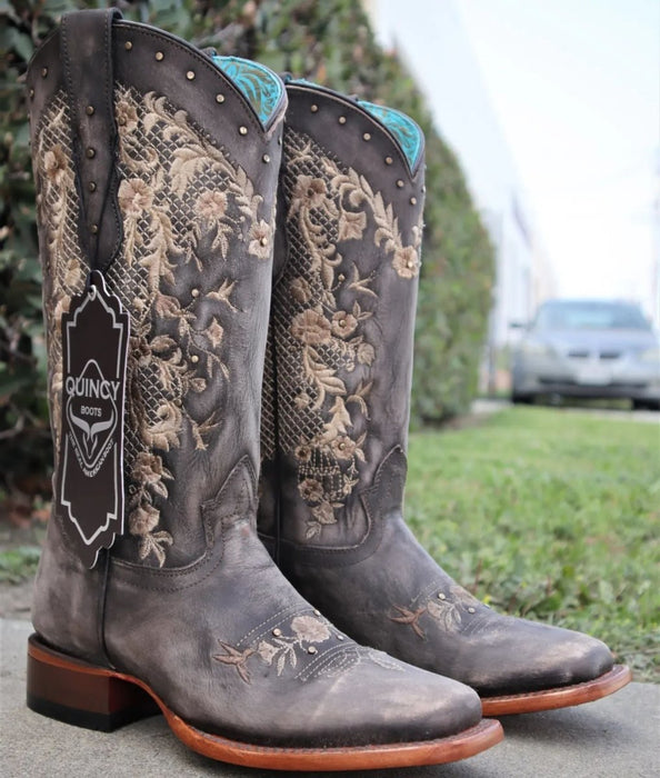 Botas Altas de Cuero Lijado para Mujer en Horma Rodeo Color Choco Q3226259L - Quincy Boots