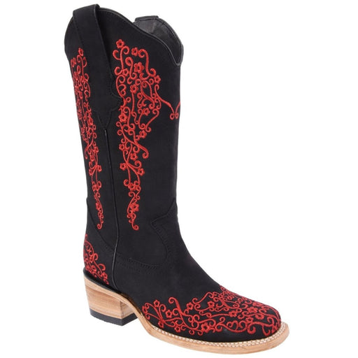 Botas Altas de Cuero Nobuck Horma Rodeo para Mujer Color Negro y Rojo WD-483 - White Diamonds Boots