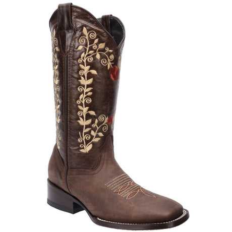 Botas Altas de Cuero para Mujer Horma Rodeo Color Cafe Flores Rojas WD-479 - White Diamons Boots