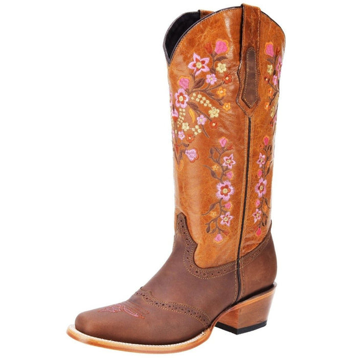 Botas Altas de Cuero para Mujer Horma Rodeo Color Miel Flores Rosas WD-480 - White Diamons Boots