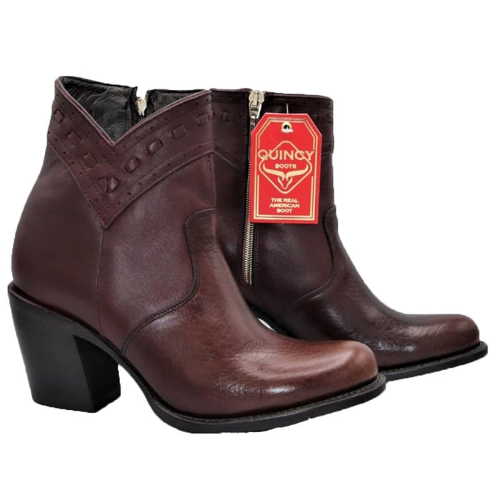 Botas Cortas de Piel de Borrego para Mujer en Horma Oval Color Vino Q39B1606 - Quincy Boots