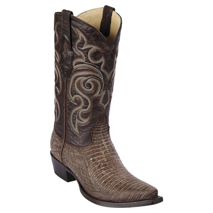 Western Genuine Teju Lizard Boots Snip Toe Sanded Brown Color - Los ALtos Boots Side View