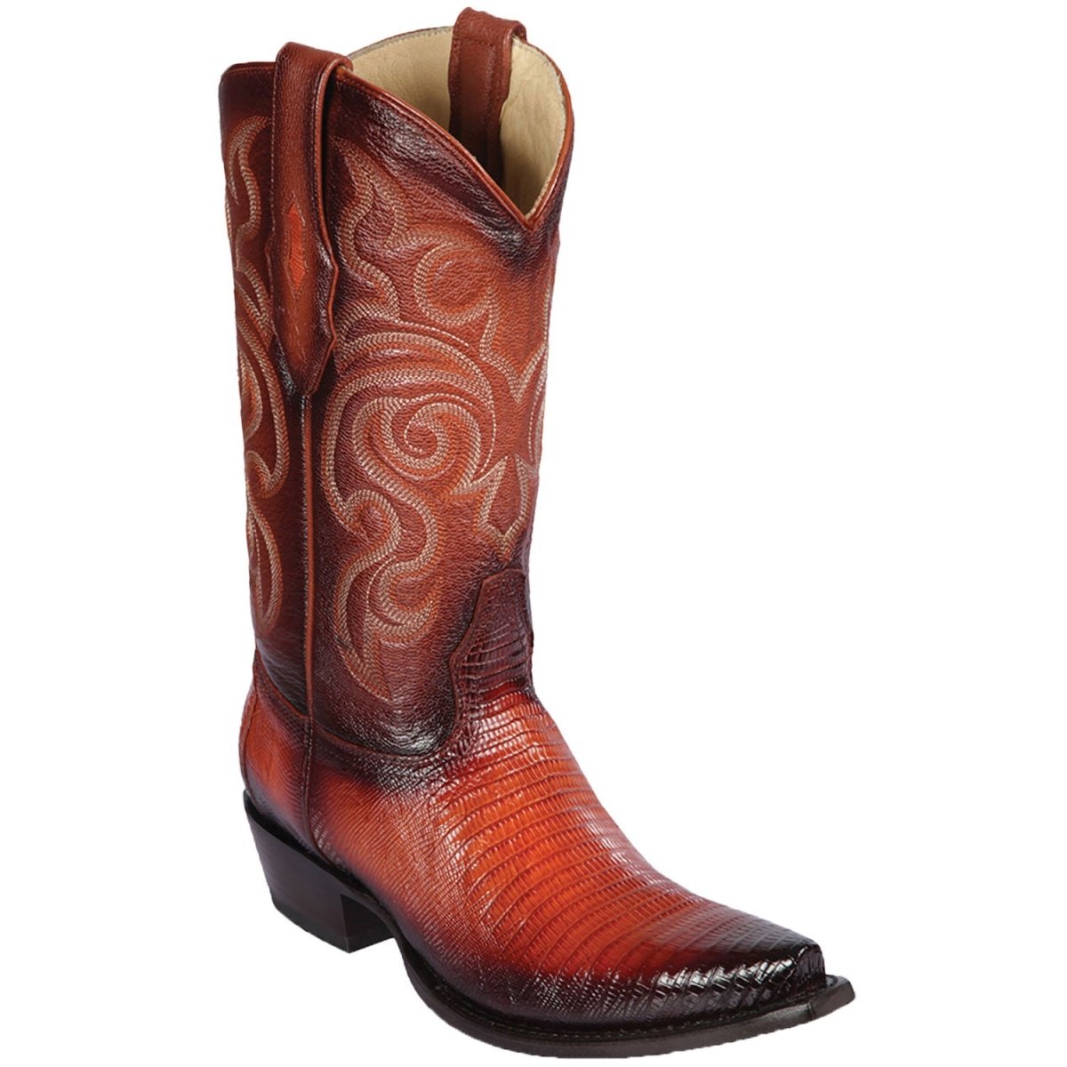 Western Genuine Teju Lizard Boots Snip Toe Faded Cognac Color - Los ALtos Boots Side View