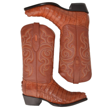 Western Genuine Caiman Tail Boots J Toe Cognac Color - Los Altos Boots upside pair  view
