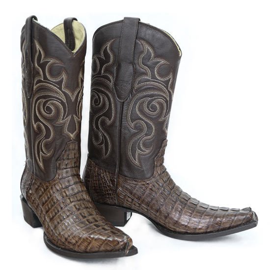 Original Caiman Crocodile  Tail Western Boots with Snip Toe in Brown Color - Los Altos Boots - Pair View
