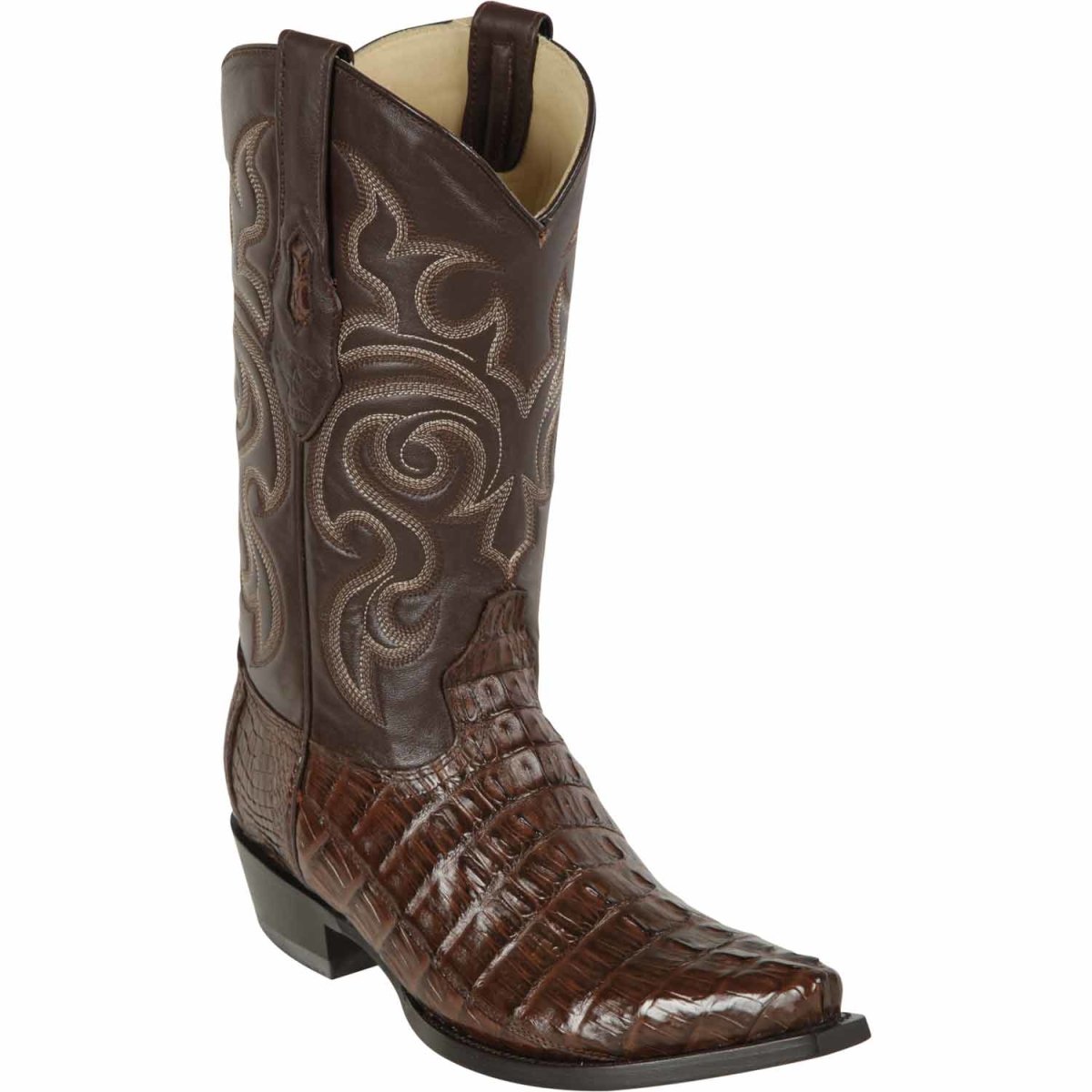 Original Caiman Crocodile  Tail Western Boots with Snip Toe in Brown Color - Los Altos Boots - Side View