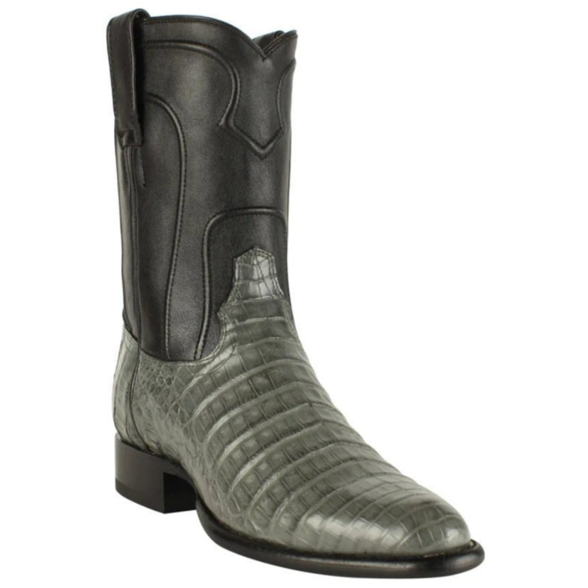 Caiman Crocodile Belly Round Toe Roper Boots Gray Color - Los Altos Bo