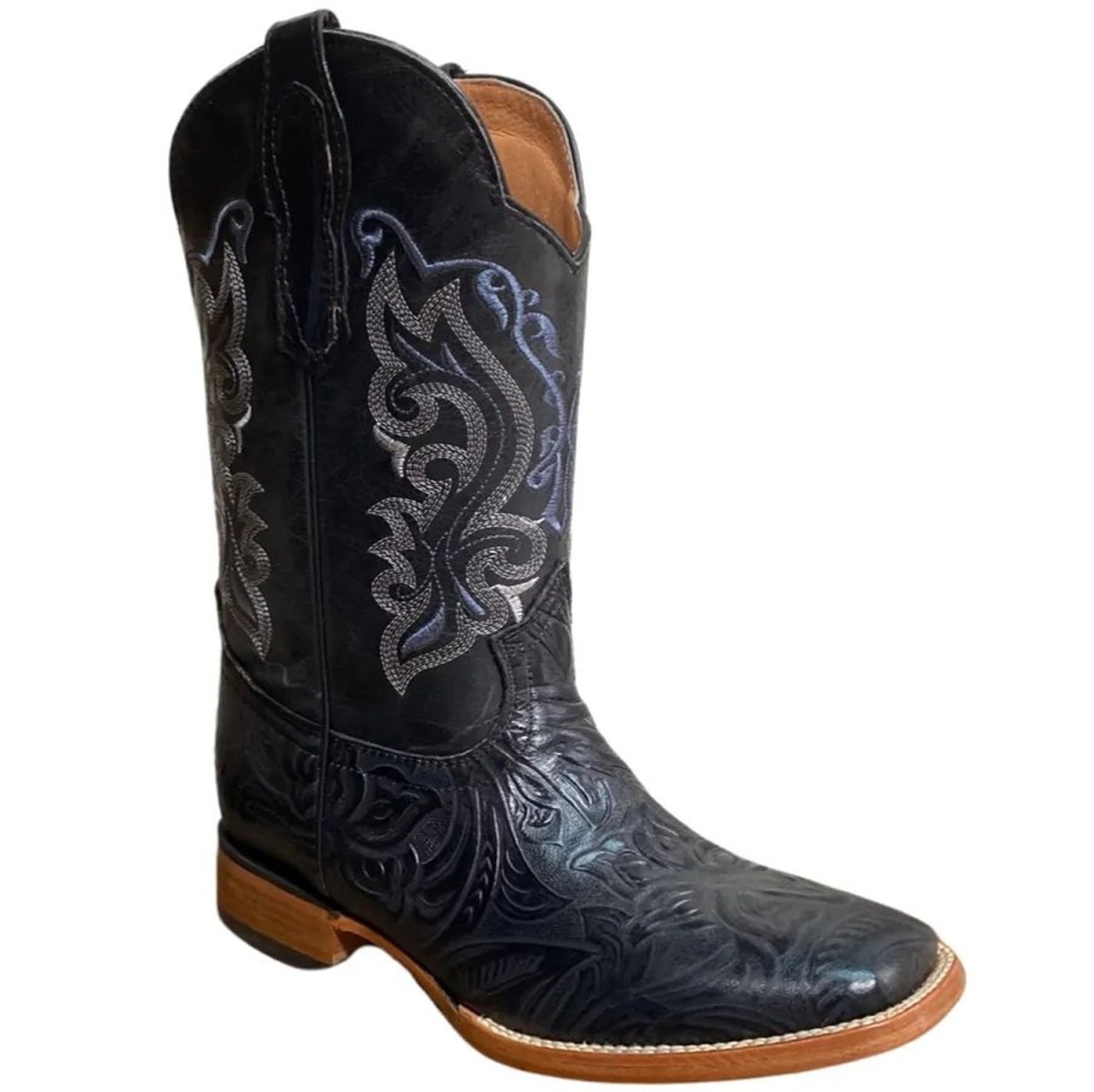 Botas de Cuero Cincelada Horma Rodeo Cuadrada Color Negro - Rodeo Imports