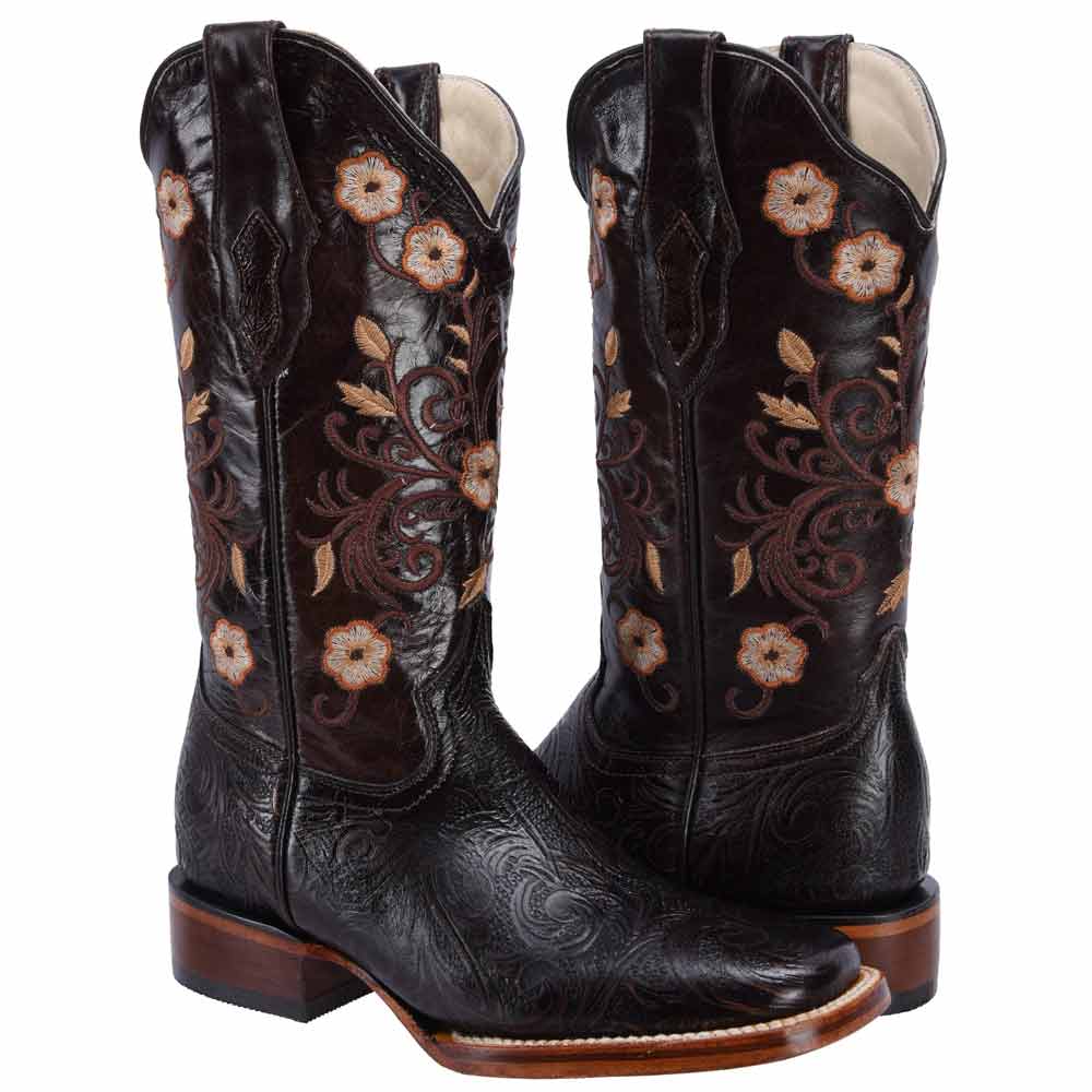 Botas de Cuero Cincelado Horma Rodeo para Mujer Color Cafe JB-16-09CAF - Joe Boots