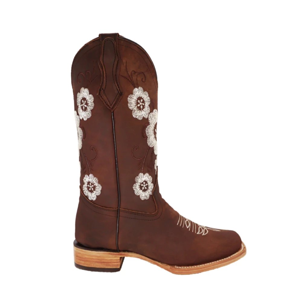 Botas de Cuero Crazy para Dama Color Caoba con Flores Blancas - LA CARRETA