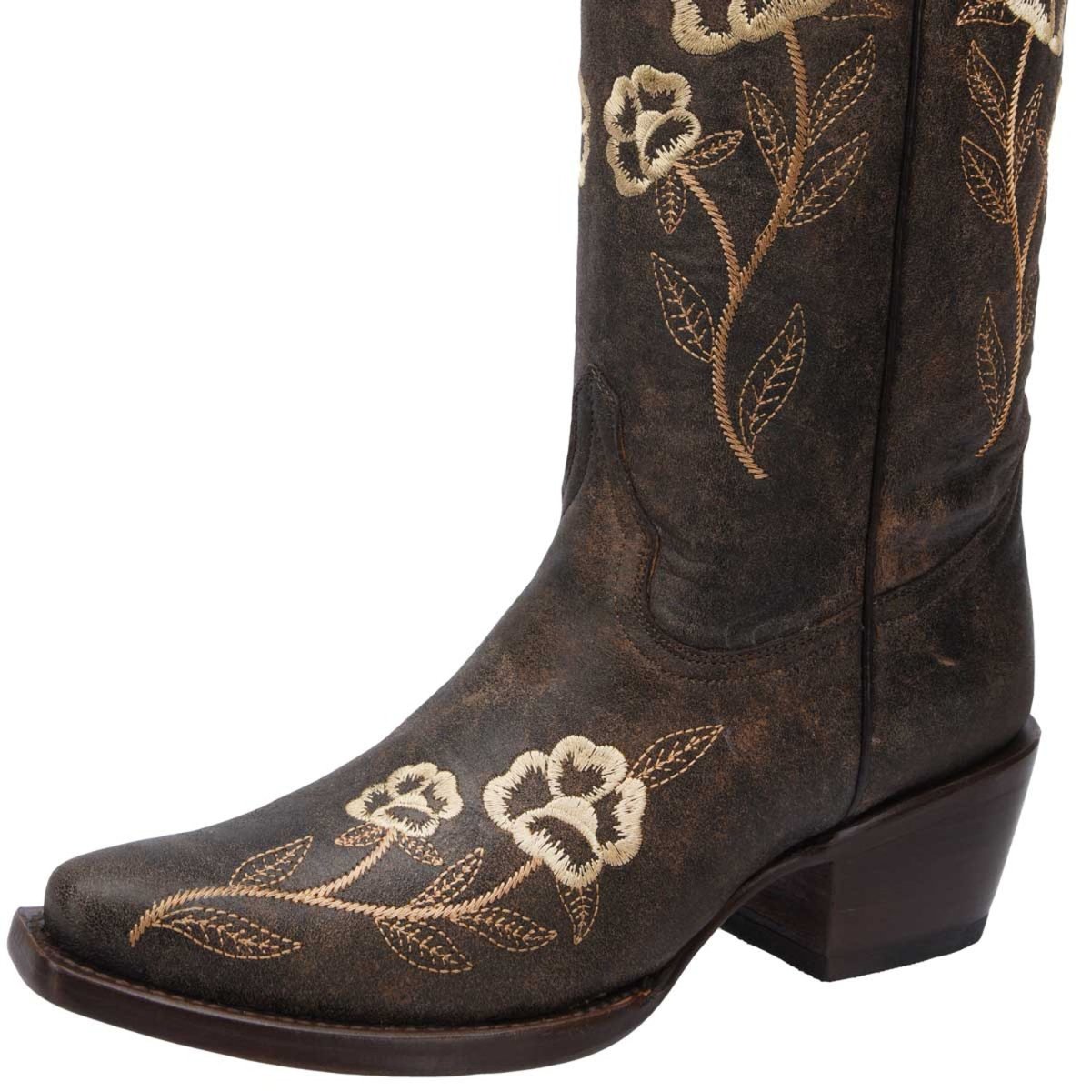 Botas de Cuero Horma Punta Recortada Flor para Mujer WD-469 - White Diamonds Boots