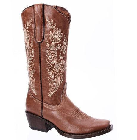 Botas de Cuero Horma Rodeo para Mujer Color Cafe Claro con Flores WD-514 - White Diamonds Boots