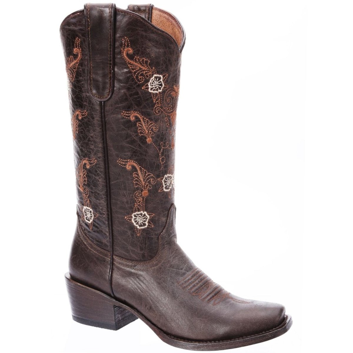Botas de Cuero Horma Rodeo para Mujer Color Cafe con Flores WD-513 - White Diamonds Boots