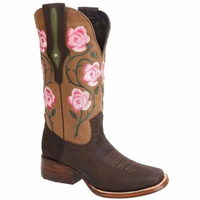 Botas de Cuero Horma Rodeo para Mujer Color Chocolate con Flores JB-1502PINK - Joe Boots