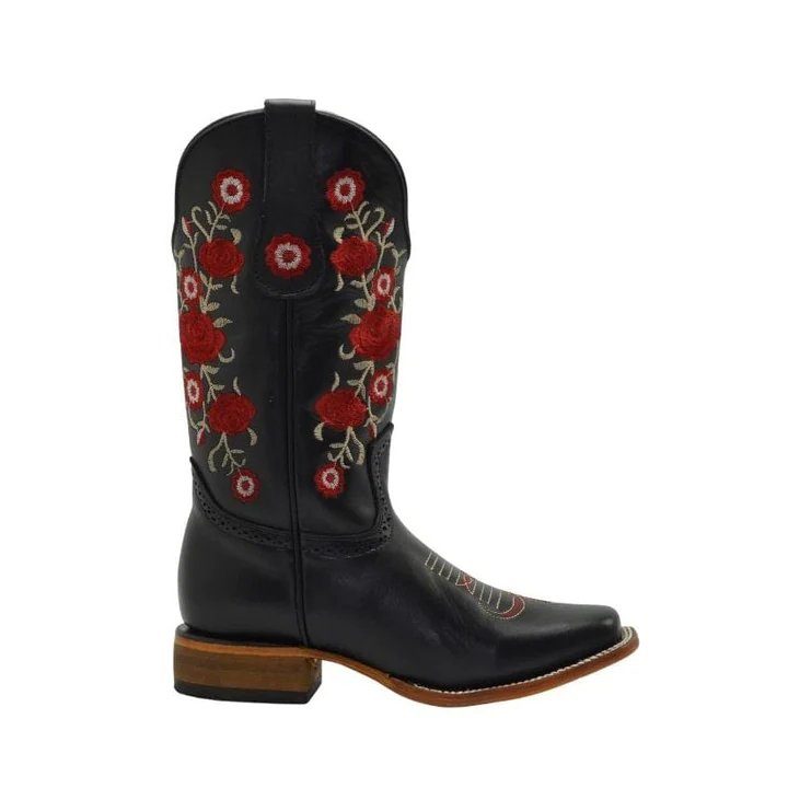 Botas de Cuero Horma Rodeo para Mujer Color Negro con Flores Rojas JB-1607 - Joe Boots