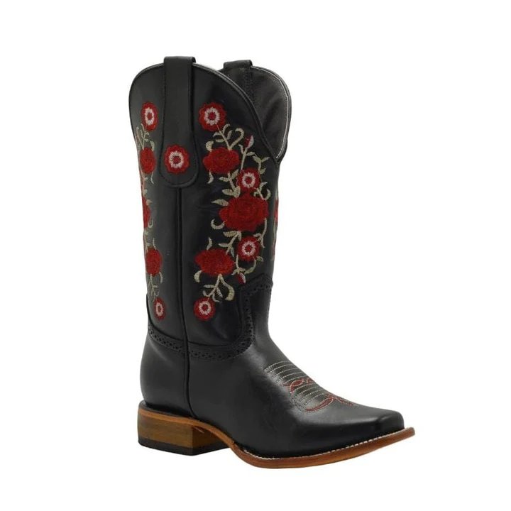 Botas de Cuero Horma Rodeo para Mujer Color Negro con Flores Rojas JB-1607 - Joe Boots