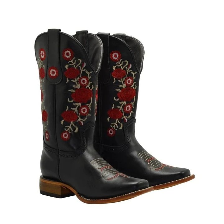 Botas de Cuero Horma Rodeo para Mujer Color Negro con Flores Rojas JB-1607 - Joe Boots