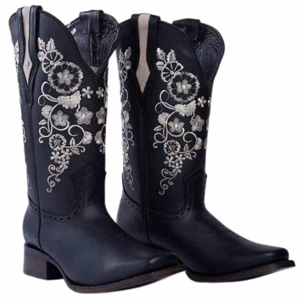 Botas de Cuero Horma Rodeo para Mujer Color Cafe con Flores WD-462