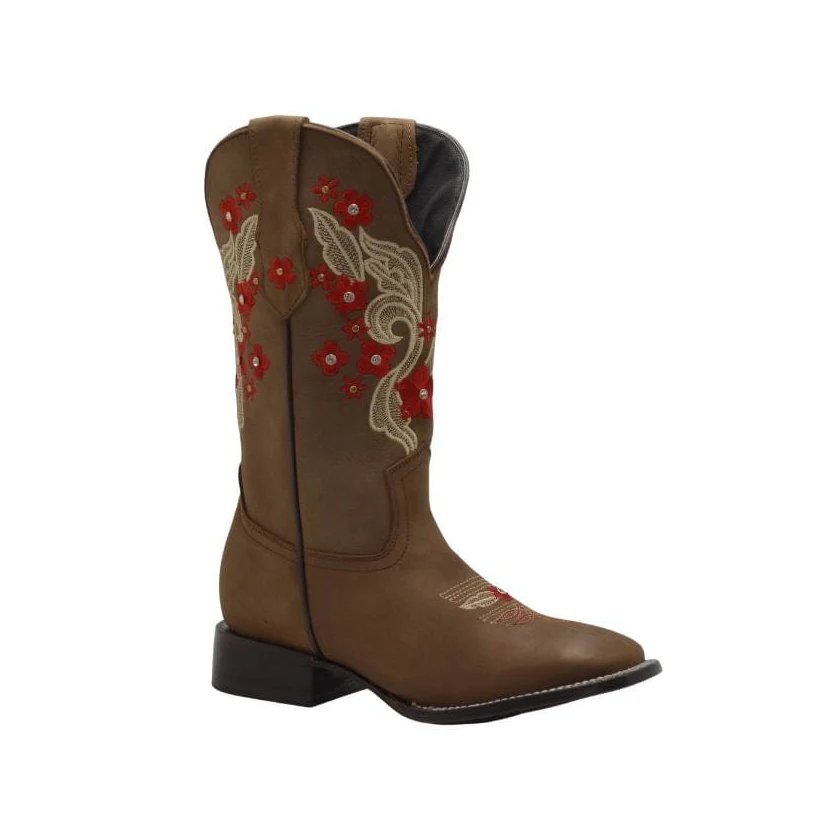 Botas de Cuero Horma Rodeo para Mujer Color Oryx con Flores Rojas JB-1606 - Joe Boots