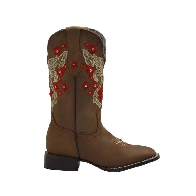 Botas de Cuero Horma Rodeo para Mujer Color Oryx con Flores Rojas JB-1606 - Joe Boots