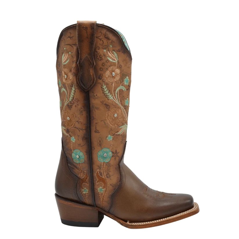 Botas de Cuero Horma Rodeo para Mujer Color Tan con Flores Piedra Swarovski JB-PAC1TAN - Joe Boots