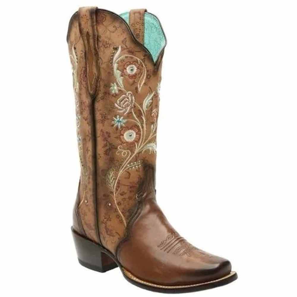 Botas de Cuero Horma Rodeo para Mujer Color Tan con Flores Piedra Swarovski JB-PAC1TAN - Joe Boots