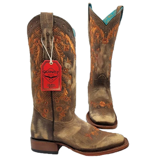 Botas de Cuero Lijado para Mujer en Horma Rodeo Color Tan Q3226231L - Quincy Boots