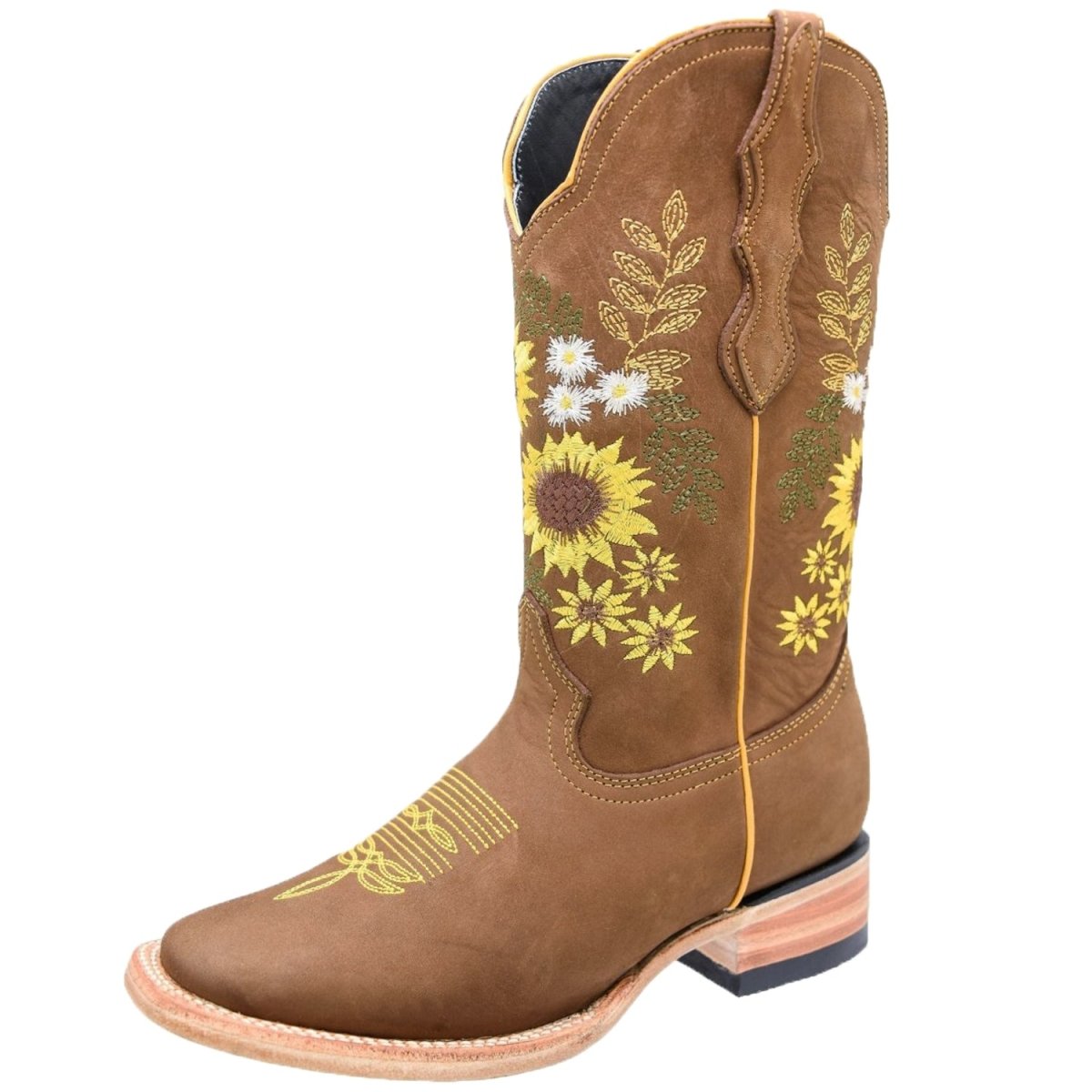Botas de Cuero Nobuck Horma Rodeo para Mujer Color Miel con Girasoles WD-492 - White Diamonds Boots