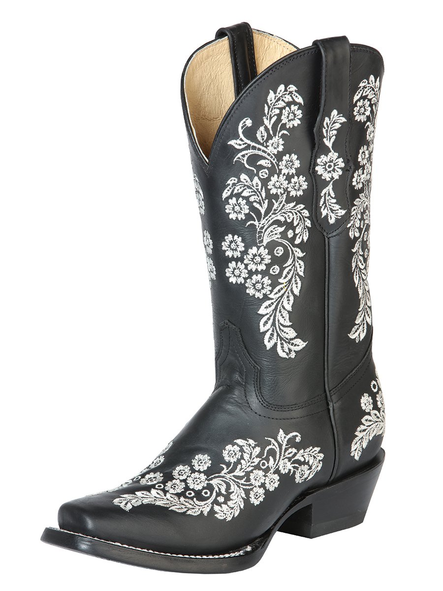 Botas de Cuero Original para Mujer Horma Rodeo Negras Flores Blancas