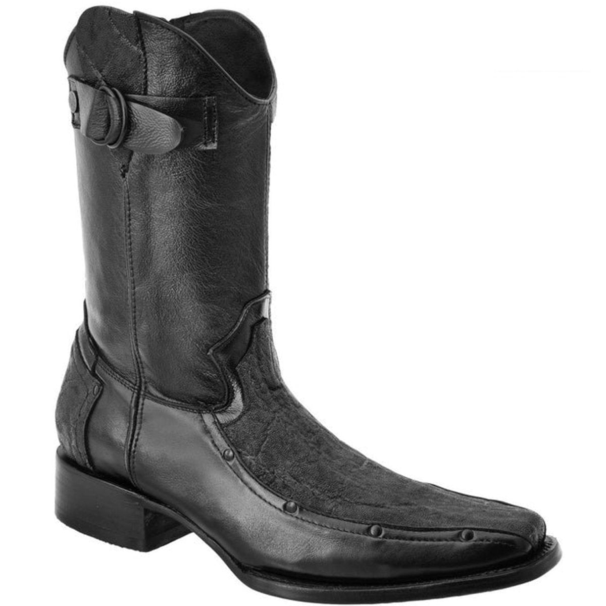 Botas de Elefante Grabado Horma Rodeo Cuadrada con Zipper Color Negro WD-025 - White Diamonds