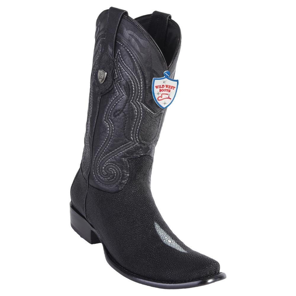 Western Genuine Stingray Single Stone Leather Square Dubai Toe Boots Black Color - Wild West Boots - Side View 