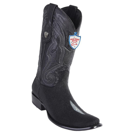 Western Genuine Stingray Single Stone Leather Square Dubai Toe Boots Black Color - Wild West Boots - Side View 