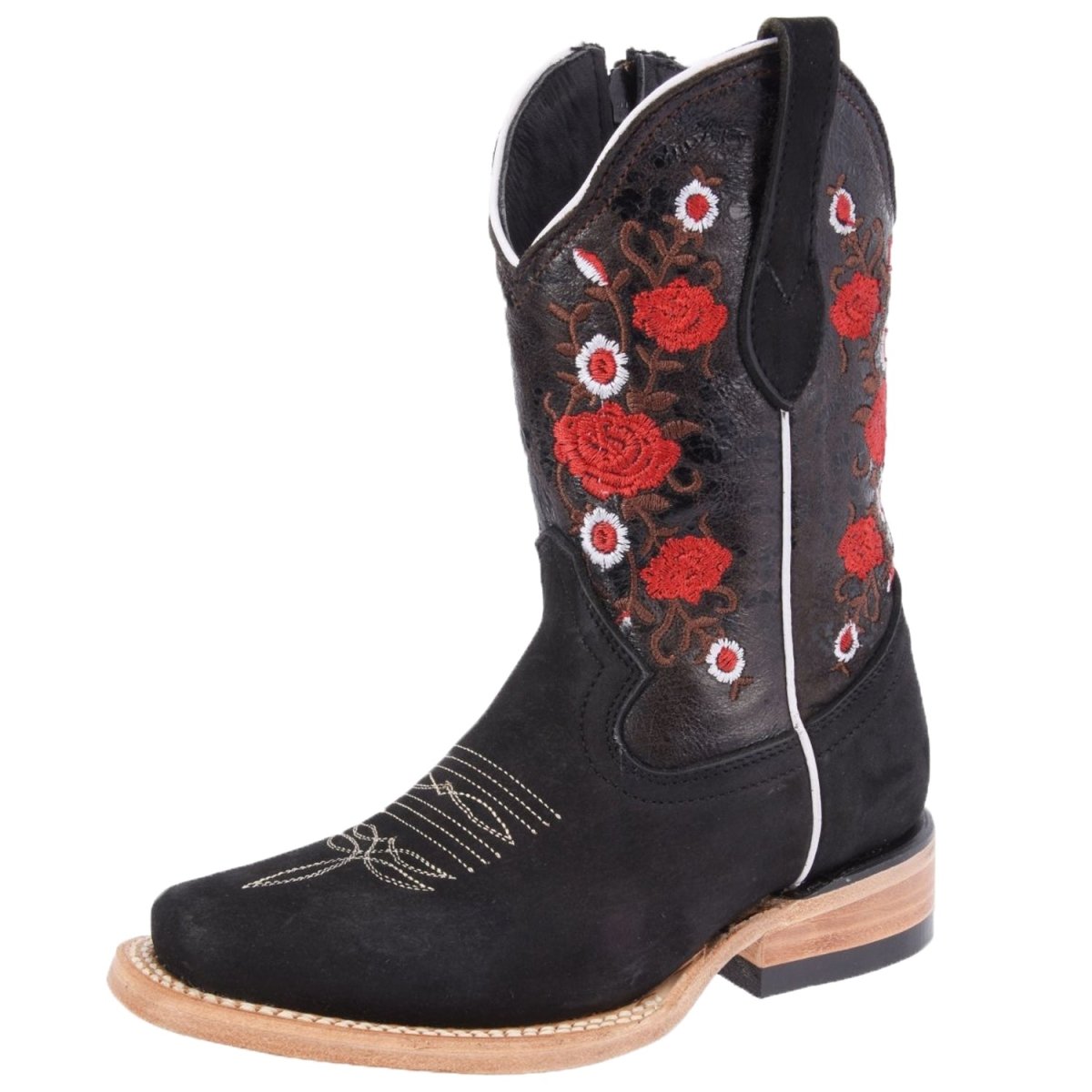 Botas para Niña de Cuero Nobuck Horma Rodeo Color Negro y Flor Roja WD-387 - White Diamonds Boots