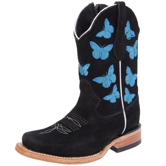 Botas para Niña de Nobuck Horma Rodeo Color Negro y Mariposas Azules WD-388 - White Diamonds Boots