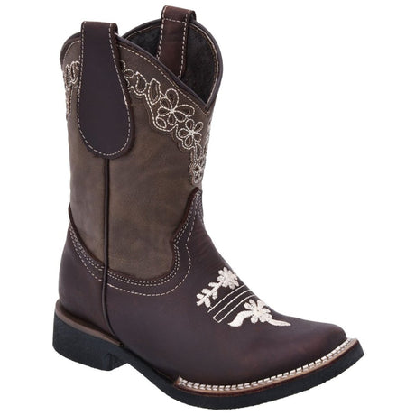 Botas Vaqueras para Niña Horma Rodeo Color Cafe con Flores WD-394 - White Diamonds Boots