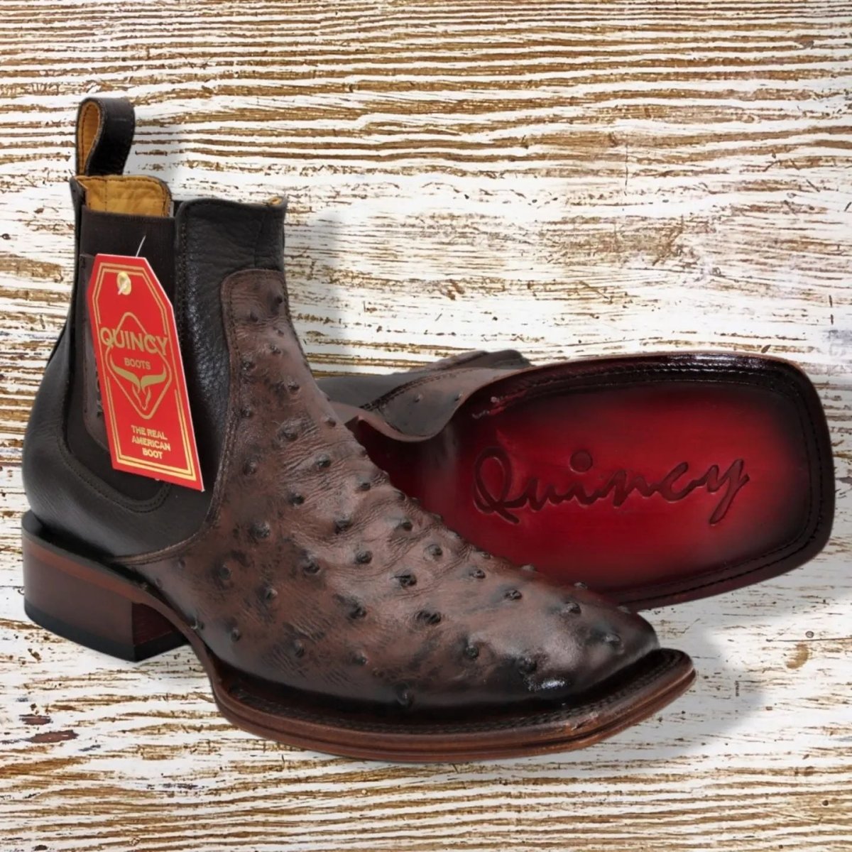 Botin de Avestruz Grabado con Punta Cuadrada Q82B0394 - Quincy Boots