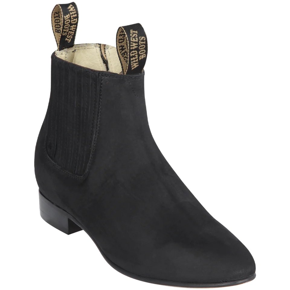 Charro Suede Round Toe Ankle Boots Black Color - Wild West Boots - Side View 