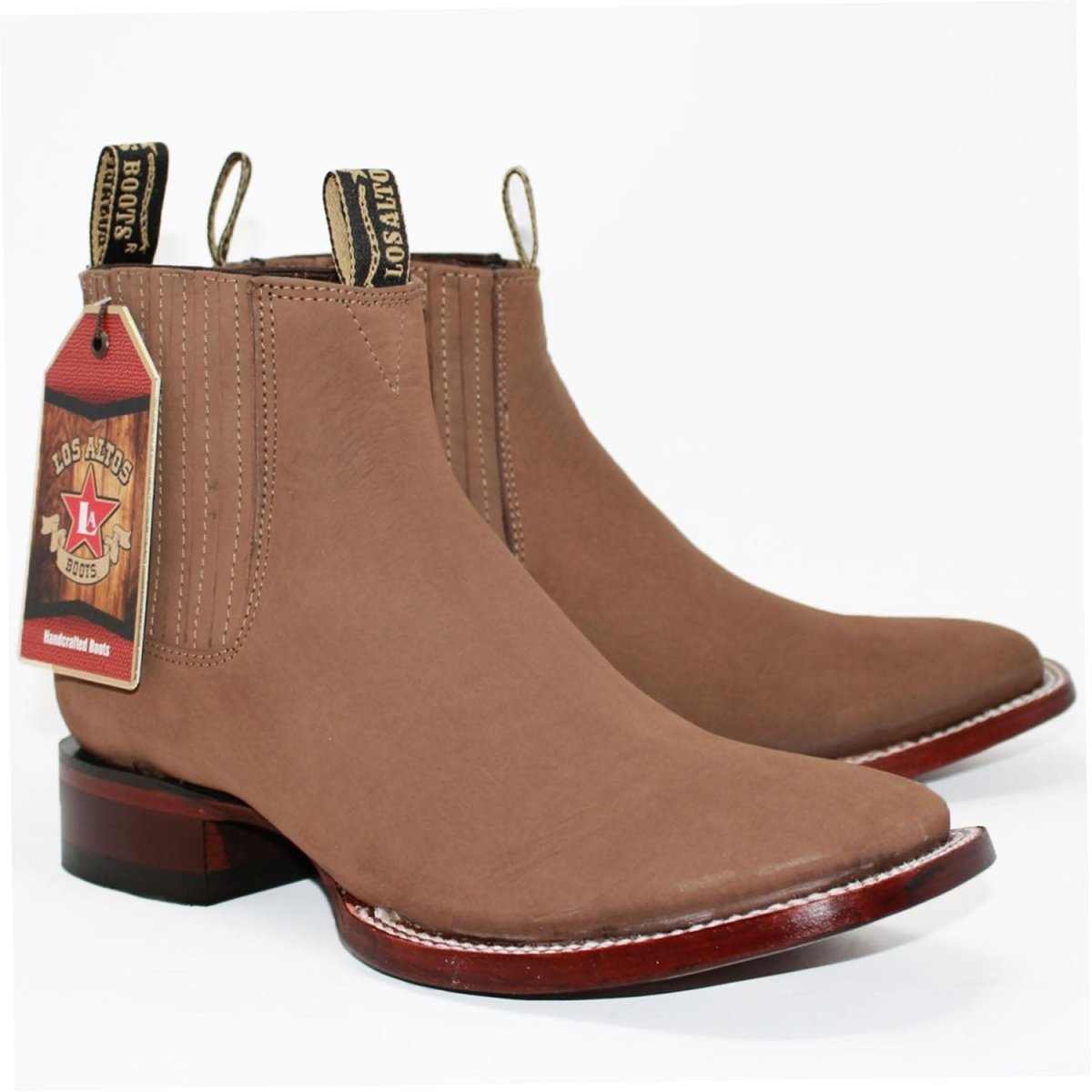 Western Genuine Suede Square Wide Toe Ankle Boots Taupe Color – Los Altos Boots – Pair Side View