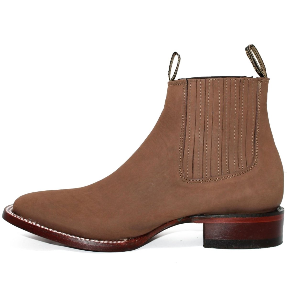 Western Genuine Suede Square Wide Toe Ankle Boots Taupe Color – Los Altos Boots – Left Side View