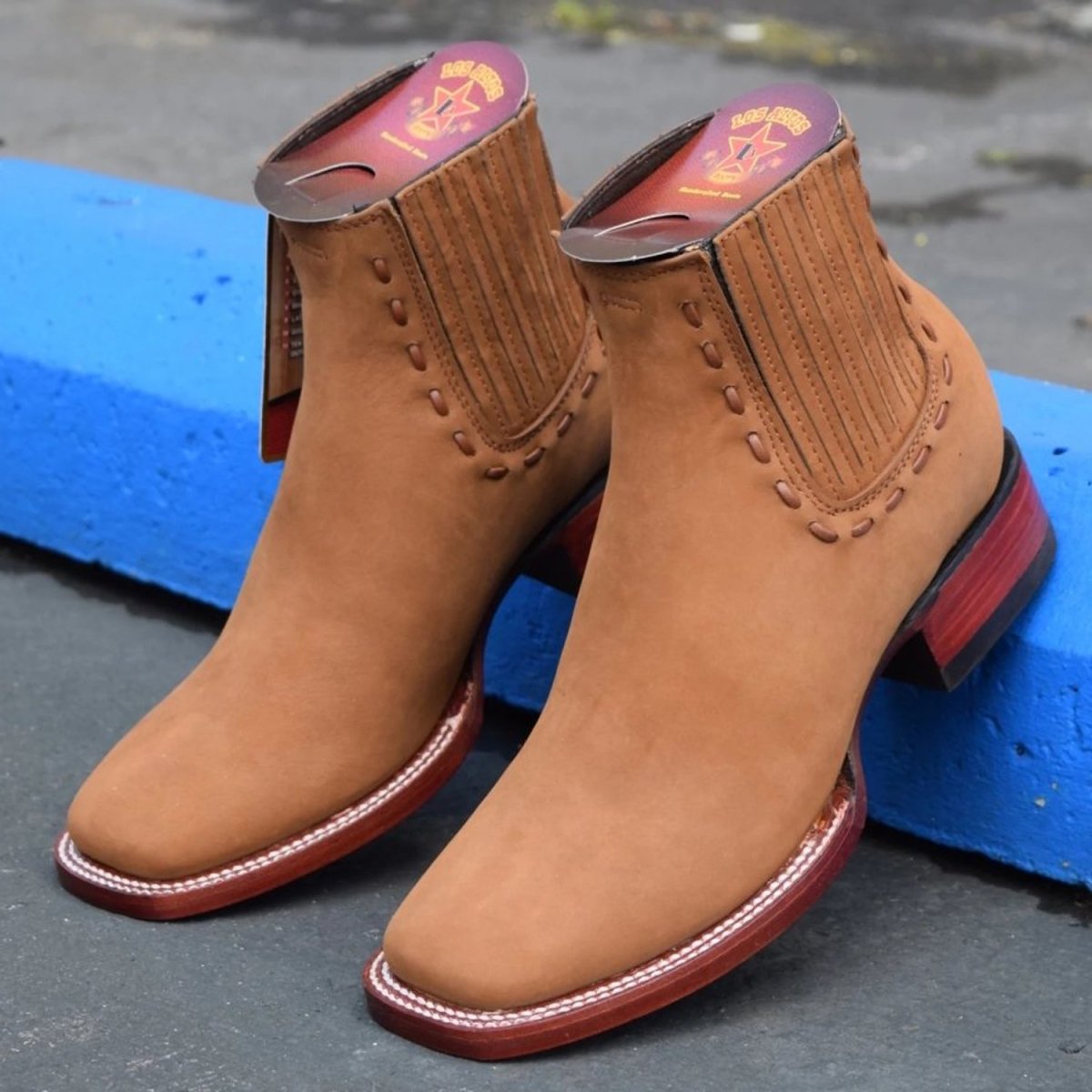 Western Genuine Nobuck Wide Square Toe Ankle Boots Shedron Color - Los Altos Boots Pair Side View 