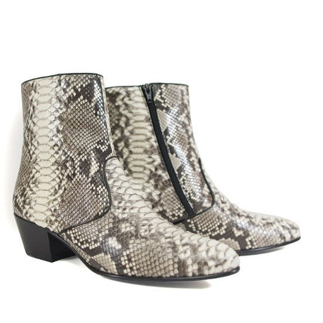 Genuine Python Pointed Toe Ankle Boots with Zipper Natural Color – Los Altos Boots – Pair Side View