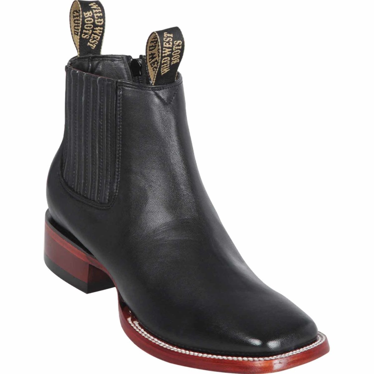 Western Genuine Deer Square Toe Ankle Boots Black Color - Wild West Boots - Side View 