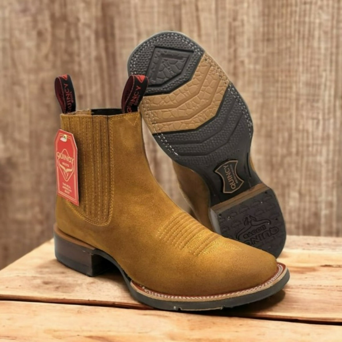 Botines Charros Quincy de Gamuza Punta Cuadrada y Suela de Hule Tan - Quincy Boots