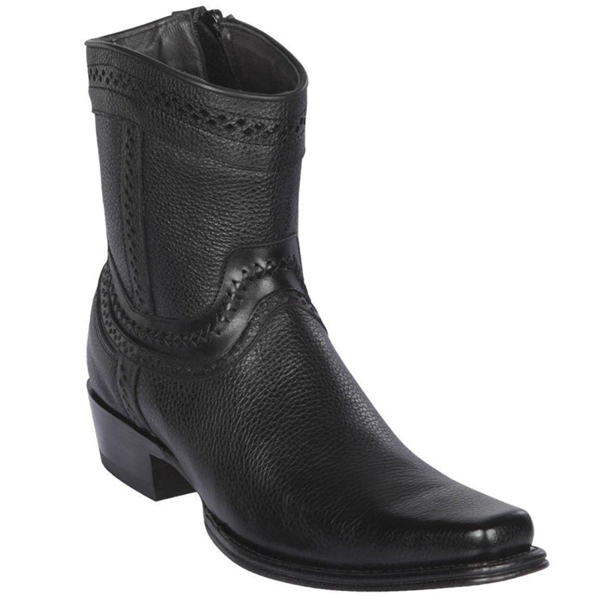 Western Genuine Leather European Square Toe Short Boots Black Color - Los Altos Boots Side View 