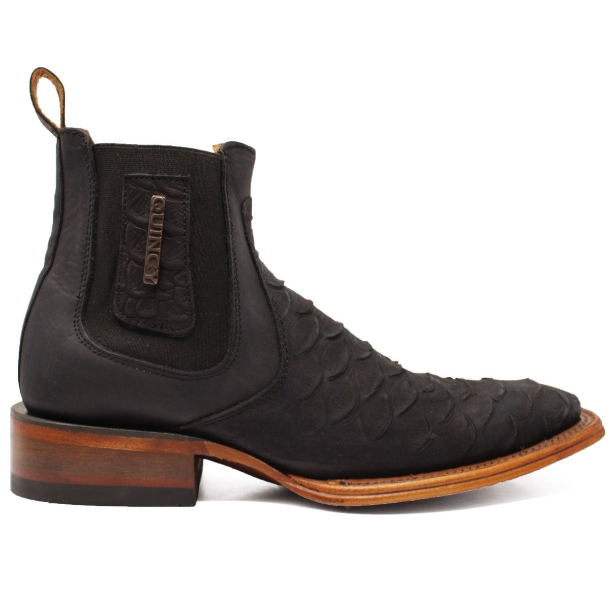 Botines de Piton Grabado Punta Cuadrada Color Negro Q82B5705 - Quincy Boots