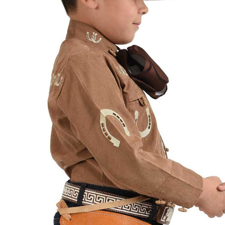 Camisa Charra Bordada para Niño Color Cafe con Oro WD-933 - White Diamonds Boots