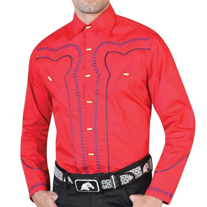 Camisa Charra El Señor de los Cielos Color Roja con Bordado Azul GEN-42548 - El General